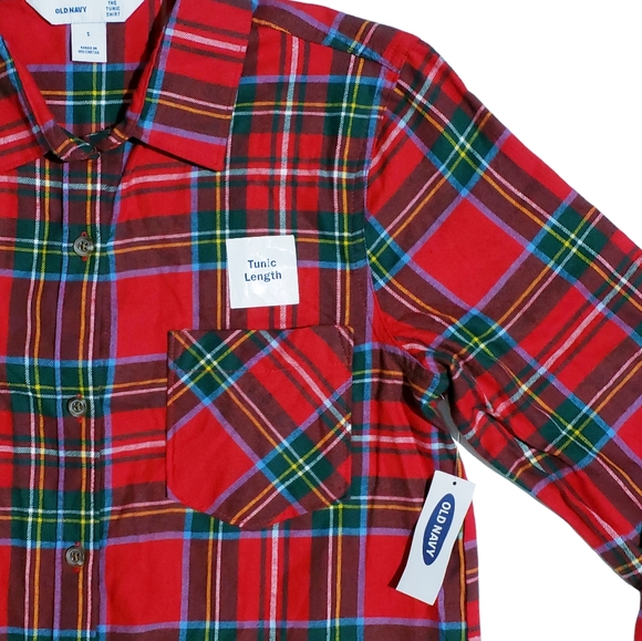 Old Navy Womens Lightweight Flannel Tunic Shirt Red Tartan Size Small NWT - Picture 2 of 5